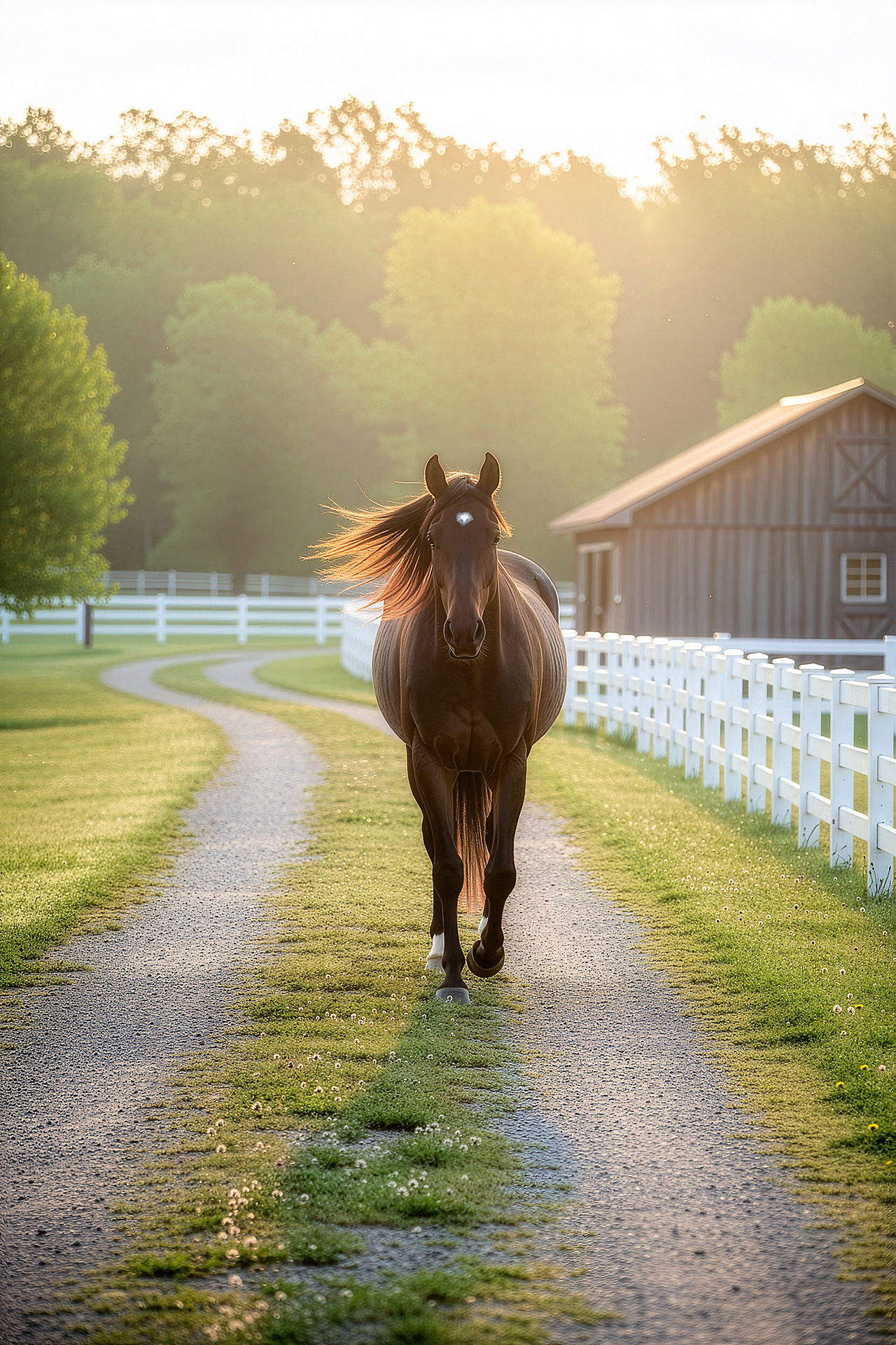 Dark horse running down the road at sunset during professional Equine photography session at Moments By T Franklin Tennessee