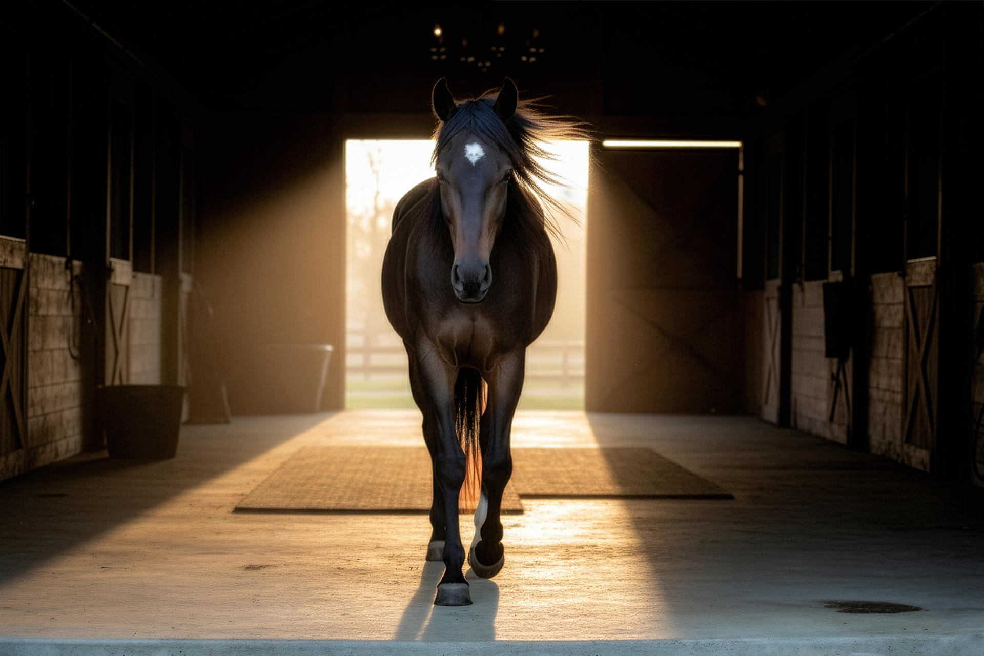 Dark horse walking through a barn at sunset during professional Equine photography session at Moments By T Franklin Tennessee