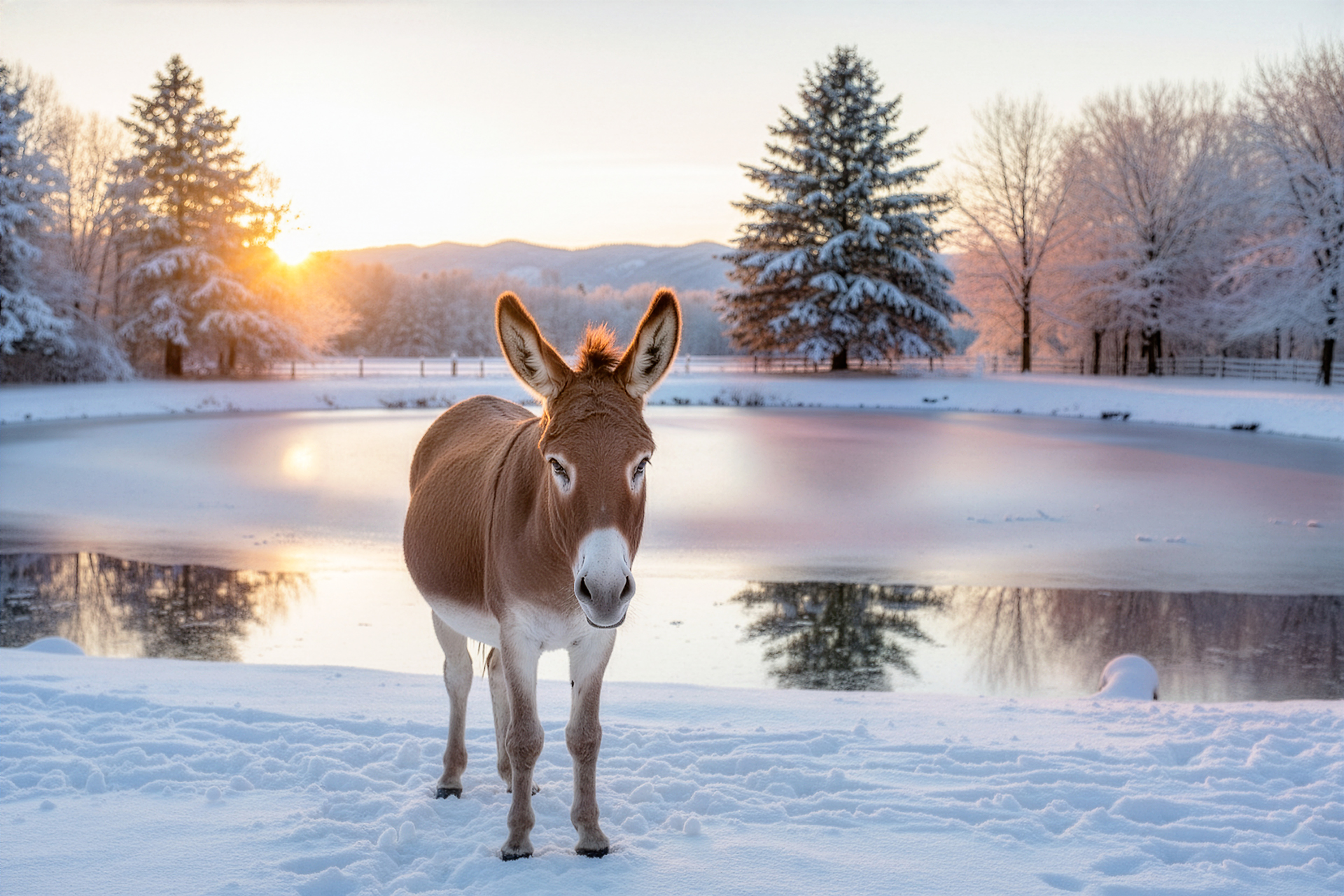 Donkey walking in the snow towards the camera during professional winter photography session at Moments By T, Franklin Tennessee