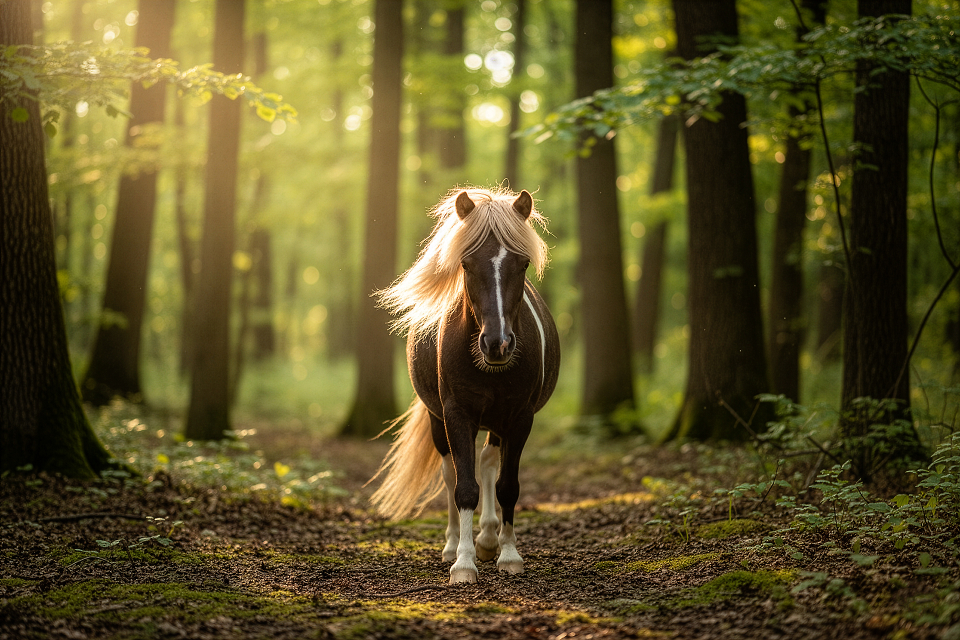 Pony running through a thick forest at sunset during professional Equine photography session at Moments By T Franklin Tennessee