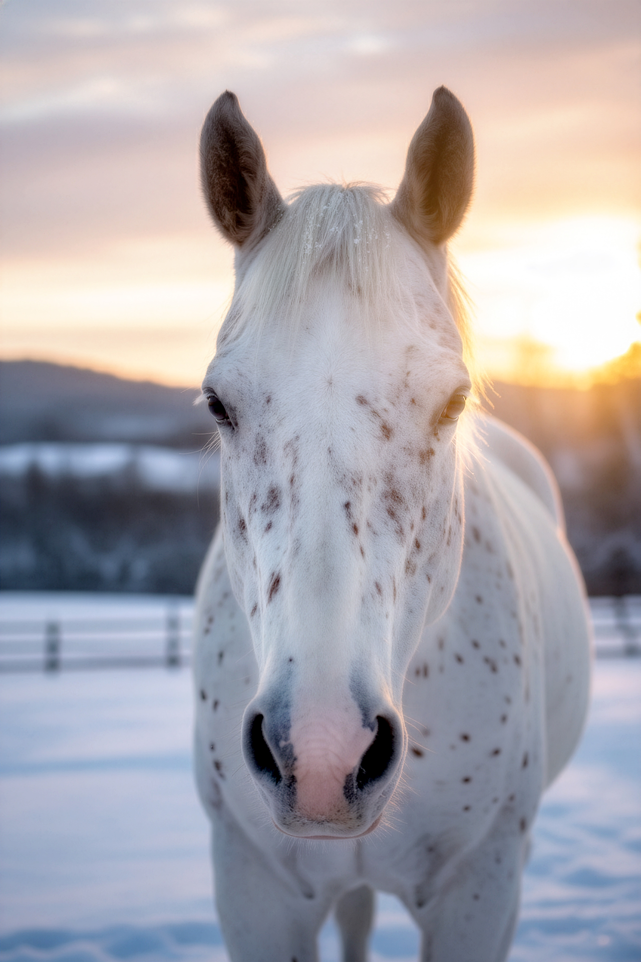 White and brown spotted horse at sunset during professional Equine photography session at Moments By T Franklin Tennessee