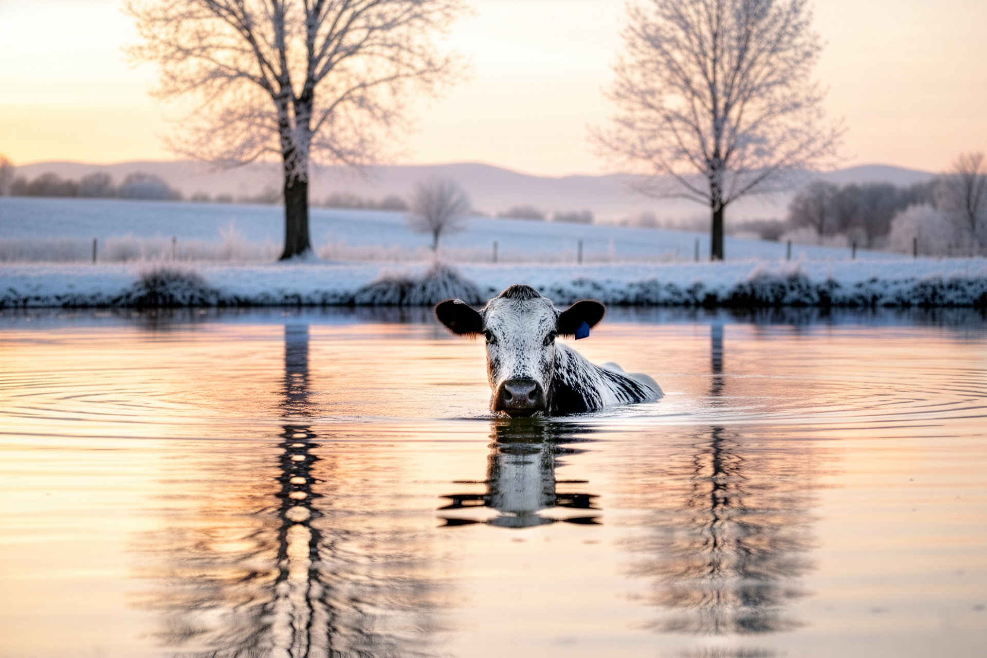 Adult white and black cow swimming in the lake during professional farm photography session at Moments By T Franklin Tennessee