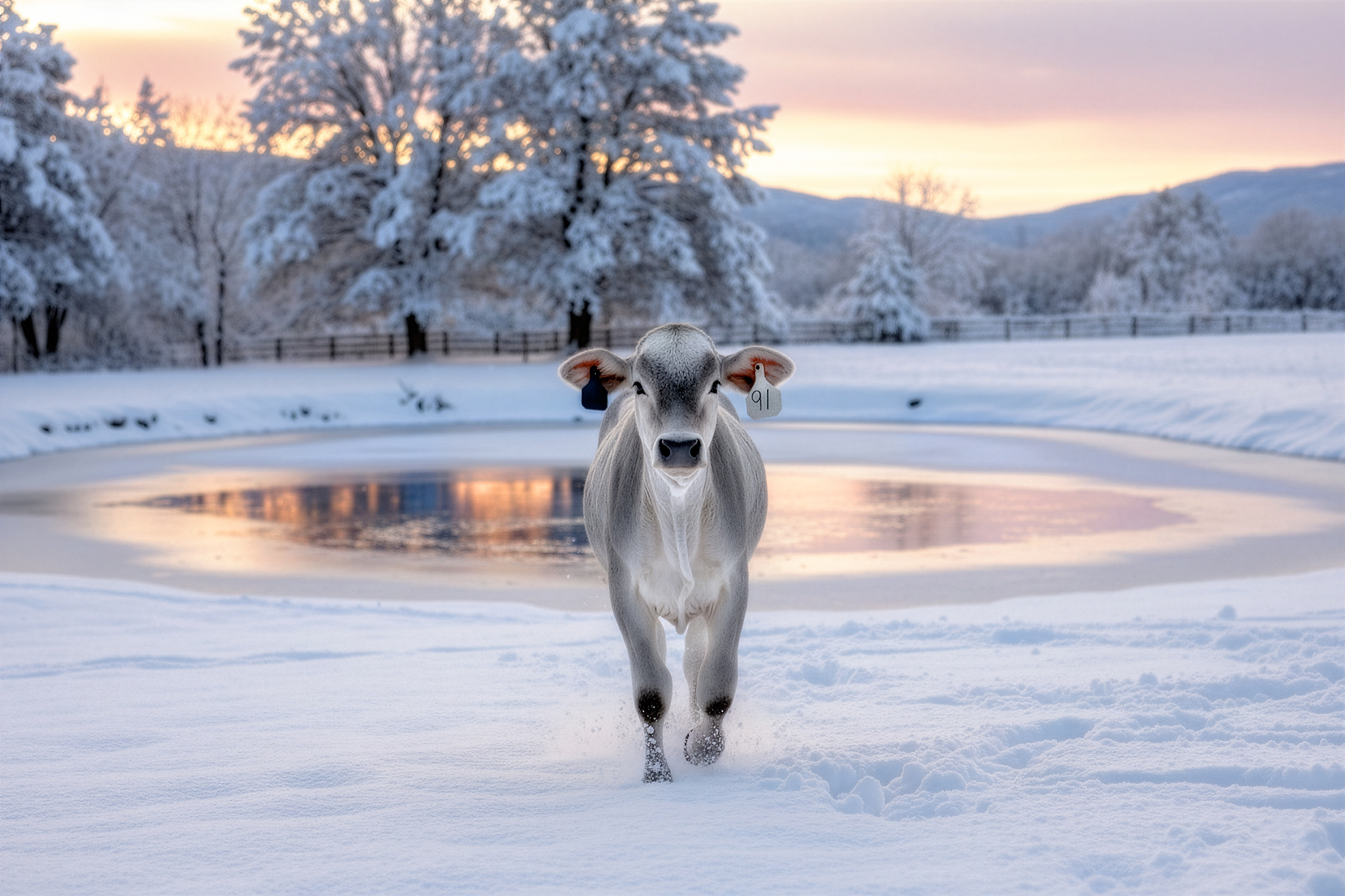 small white and gray cow running in the snow during professional farm photography session at Moments By T Franklin Tennessee
