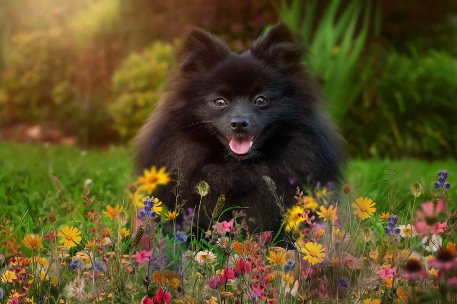 Black Pomeranian dog sitting in a field of flowers during professional Equine photography session at Moments By T Franklin Tennessee